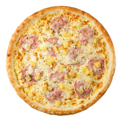 Delicious hot Hawaiian Pizza with chicken fillet, ham, pineapple, oregano and cheese mozzarella