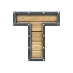 Font made of wooden board with metal frame and rivets, 3d rendering letter H