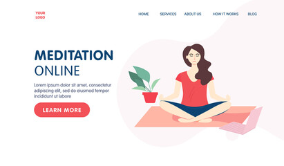 Online yoga and meditation landing page template concept. Woman sitting at home and meditate using her laptop. Vector cartoon illustration for banner, website
