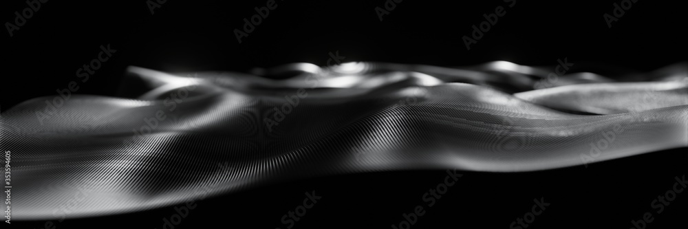 Poster abstract futuristic digital wave of particle technology dark blurred background panorama animation 3