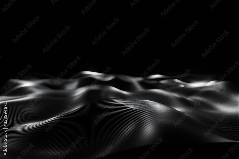 Poster abstract futuristic digital wave of particle technology dark blurred background animation 3d renderi