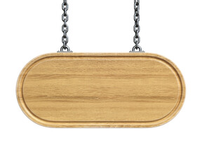 Wooden sign board hanging on a chains isolated on white background 3d rendering