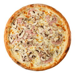 Delicious hot italian Pizza with mushroom sauce, ham, mushrooms, oregano and cheese mozzarella