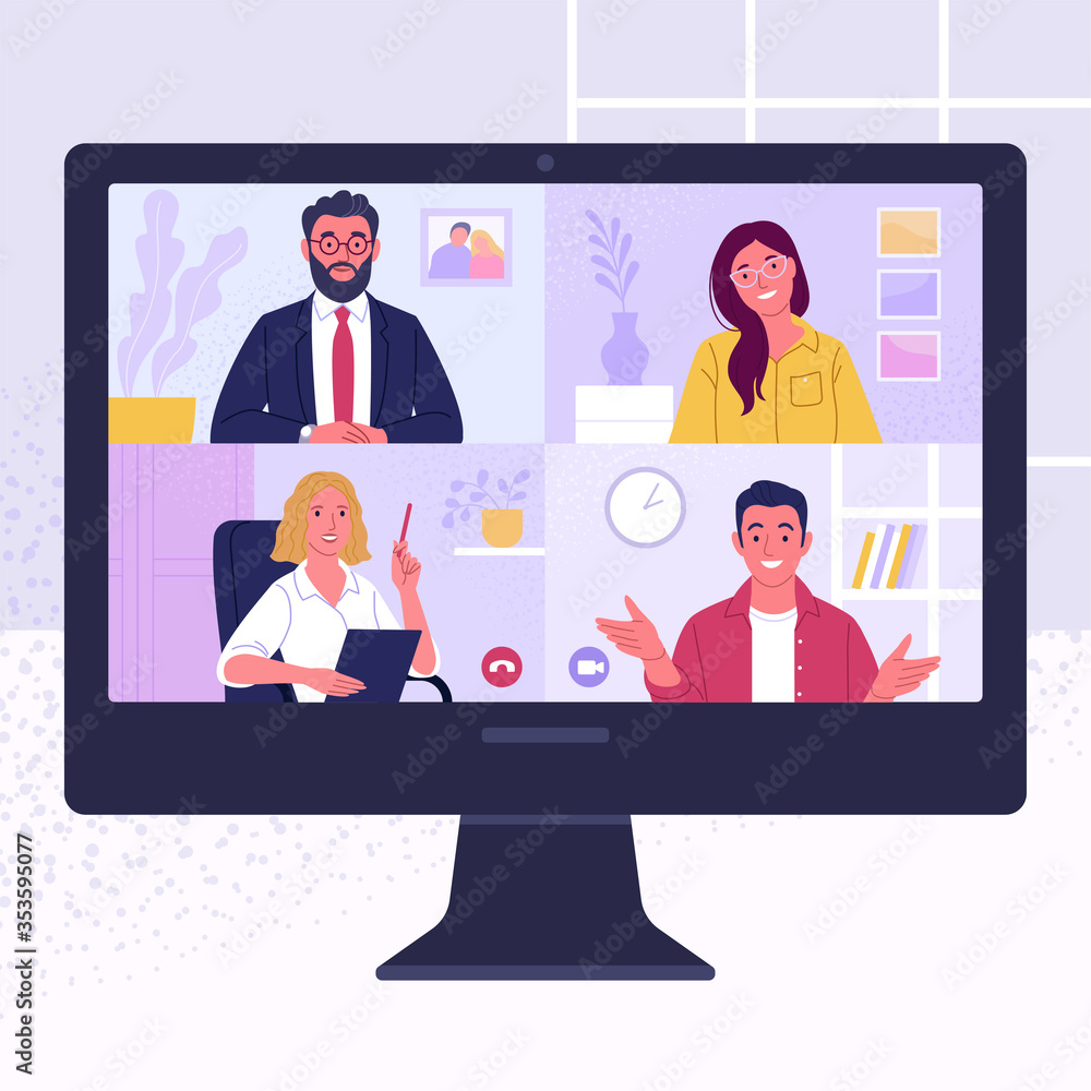 Poster video conference. vector illustration of computer screen of colleagues talking during a video call. 