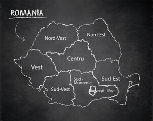 Romania map administrative division, separates regions and names individual region, design card blackboard chalkboard vector