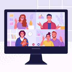 Fototapeta na wymiar Friends meeting online. Vector illustration in trendy flat style of computer screen with young people talking during a video call. Isolated on background