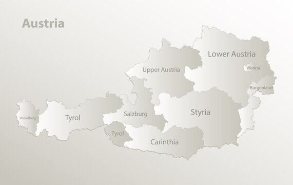 Austria map administrative division separates regions and names individual region, card paper 3D natural vector