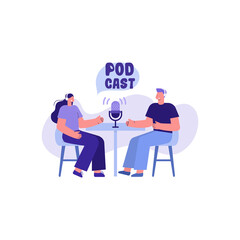 Podcast. People recording a podcast with a microphone. Vector