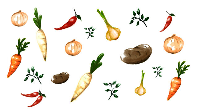 set of vegetables, cooking ingradients hand drawing