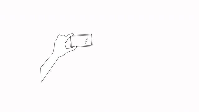 Self drawing animation of hand holding smartphone. White background. Copy space.