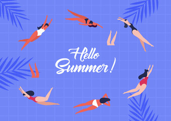 Hello summer. Women swimming. Pool party. Vector