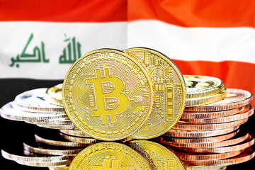 Bitcoins on Iraq and Austria flag background. Concept for investors in cryptocurrency and Blockchain technology in the Iraq and Austria.