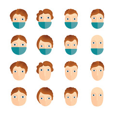 Cartoon style cute faces vector illustrations collection. Set of male and female characters in medical face masks. People avatar symbols and face icons. Part of set.