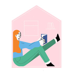 Young woman alone at home reading a book. 