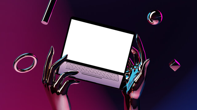 3D Laptop Neon Mockup Elegant Dark Background