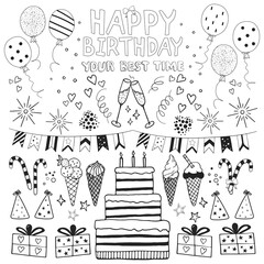 Hand drawn Birthday doodle sketch set of gifts, balloons, flags, stars, salutes, cake, ice creams isolated on white. Cute party illustration icons for Birthday, baby room, greeting card, invitation