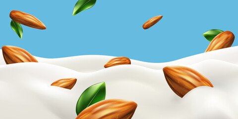 Naklejka premium Almond Milk or yogurt swirl with beans on blue background, milk splashing realistic illustration ready for ads, labels and packaging desing uses. Bitmap copy
