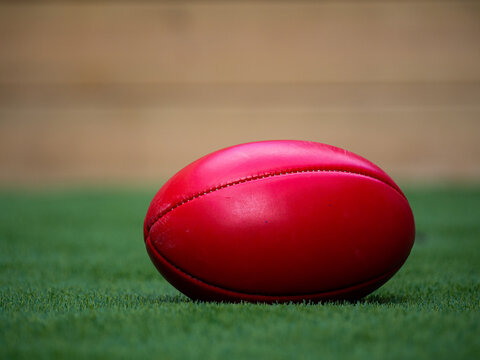 Red Australian Rules Football on Grass in a backyard