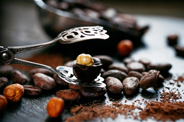 Chocolate candy with hazelnut on top stand on open dessert tongs beside bulk measuring scoop with cocoa beans. Candy on black stone stand