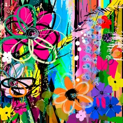 Poster Im Rahmen abstrakte hintergrundkomposition mit blumen, mit strichen, spritzern und geometrischen linien © Kirsten Hinte