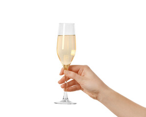 Female hand with glass of champagne on white background