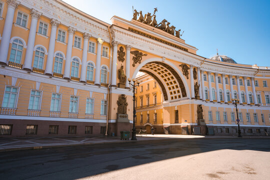 Yellow arch leading to the Palace square to the Hermitage Museum in Saint Petersburg, a tourist attraction in the summer