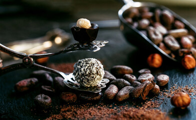 Coconut and chocolate candies stand on opendessert tongs beside bulk measuring scoop with cocoa beans. Candy on black stone stand.