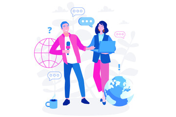 Podcast, Radio. Media hosting. Vector illustration for web banner, infographics, mobile. Female and male podcaster 