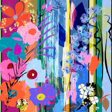 abstract background composition with flowers, strokes, splashes and geometric lines