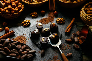 Six chocolate candies on stand from blackstone in heart shape with cocoa beans, cinnamon, nuts, cocoa powder around