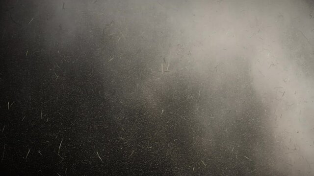 
4K Dust and hay explosion cloud descending in slow-motion. Atmospheric smoke. Haze background. Abstract smoke cloud. Smoke in slow motion on black background. White smoke slowly floating through spac