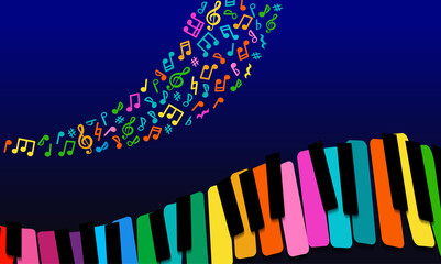 abstract Music background. rainbow paper piano keys on blue background. template banner for your text. Bright horizontal banner. © kornetka