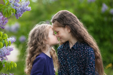 Fototapeta premium Outside is a portrait of two sisters among the lilac bushes.