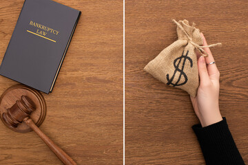 collage of bankruptcy law book and gavel near female hand with money bag on wooden background