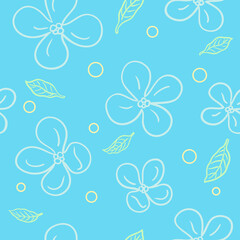 A seamless pattern composed of flowers and leaves and small circles, with lines and bright blue background
