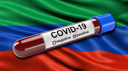 Obraz premium Flag of the Republic of Dagestan waving in the wind with a positive Covid-19 blood test tube. 3D illustration concept for blood testing for diagnosis of the new Corona virus.