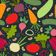 Seamless pattern with cartoon vegetables, decor elements on a neutral background. colorful vector. hand drawing, flat style. design for fabric, print, textile, wrapper