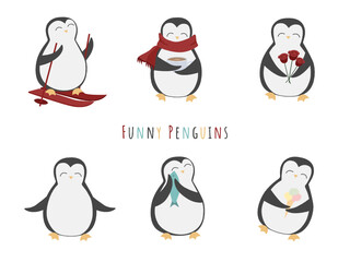 Set of vector cartoon penguins. Six different characters. Colored, isolated, white background.