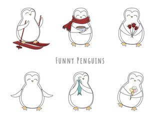 Set of vector cartoon penguins. Six different characters. Colored, isolated, white background.