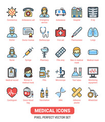 Medical icons kit. Health and medicine symbols - simple thin line web icon set. Color version of a vector illustration on white background