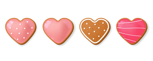 Realistic cookies, love concept, happy valentine's day, pink cookies set isolated, vector illustration