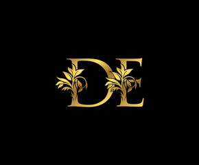 Classy Gold letter D, E and DE Vintage decorative ornament letter stamp, wedding logo, classy letter logo icon.