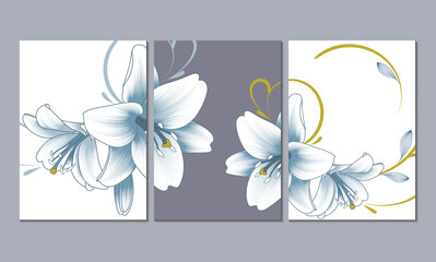 Set of three floral patterns, canvases for the design of the apartment, office, kitchen, bedroom, living room. Home wall decor. Vector floral background with hand-drawn lily flowers.