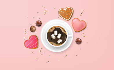 Realistic chocolate, coffee and cookies, valentine's day banner, love card sale, delicious dessert, pink background, gold conffeti, romantic concept vector