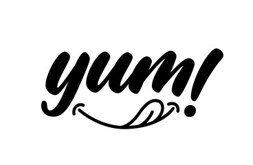 Yum text with emoticon. Yummy handwritten word. Hand drawn lettering in cartoon style. Modern calligraphy. Vector logo design. Calligraphic doodle text design for print.