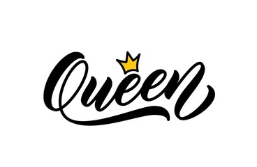 Obraz premium Queen handwritten word. Modern calligraphy. Hand lettering design for printing on clothes. Queen word with crown. Vector illustration.