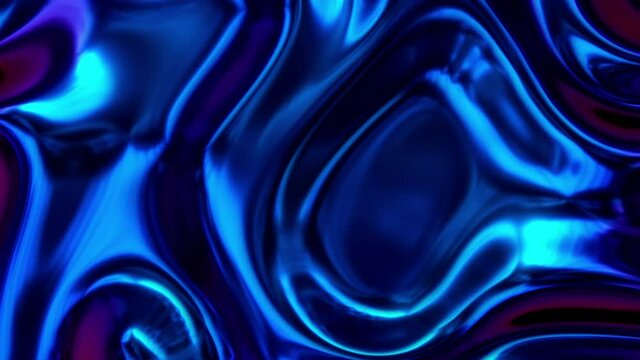 Abstract reflective blue fluid loop animated background, reflective looping wavy foil 3D render oil surface, holographic vibrant loopable texture with ripples.  