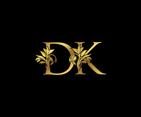 Classy Gold letter D, K and DK Vintage decorative ornament letter stamp, wedding logo, classy letter logo icon.