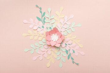 Paper art pink background with flowers and tropical leaves. Fashion floral greeting card.