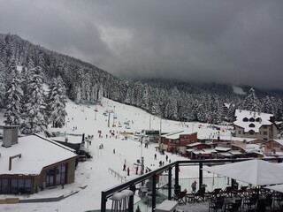 View from a four-star hotel to the slopes of a ski resort, Borovets, Bulgaria.